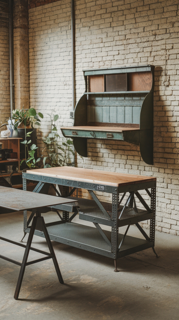 Craving a workspace that's both stylish and functional? This vintage industrial haven is the answer. A sturdy metal workbench with a warm wooden top takes center stage, complemented by a charming green metal desk and a rustic steel table. The exposed brick walls add character, the concrete floor provides a sleek contrast, and potted plants bring a touch of life to this effortlessly cool space. Prepare to be inspired.