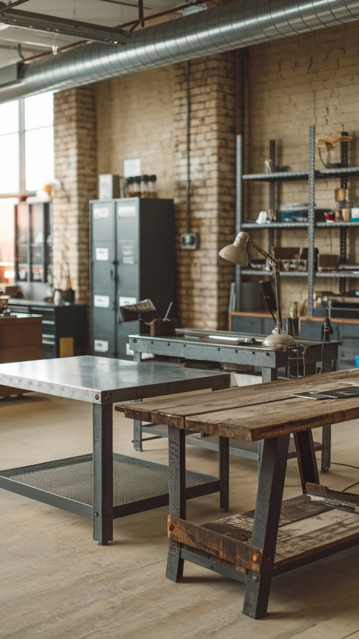 Raw industrial chic meets refined functionality. This loft-style workspace, complete with a vintage metal workbench, steel table, and rustic reclaimed wood accents, is a testament to the beauty of repurposed materials. Exposed brick and ductwork add to the authentic, lived-in aesthetic.