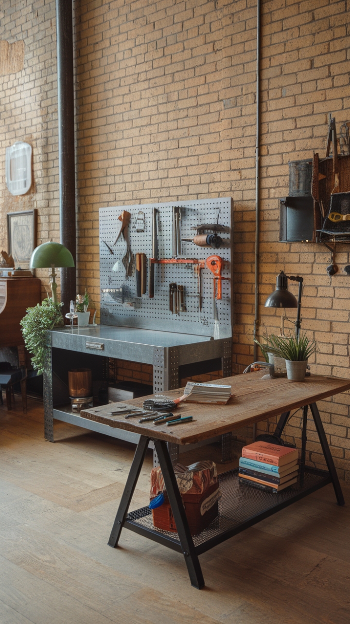 Unleash your inner artist in this captivating industrial haven. The juxtaposition of a rugged metal workbench, a vintage desk whispering tales of bygone eras, and a rustic reclaimed wood table speaks volumes about unique style. Every element, from the exposed brick walls to the carefully chosen accessories, contributes to an atmosphere of creative energy and sophisticated simplicity.