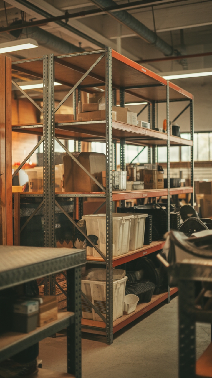 Ready to transform your space with raw, industrial charm? This vintage steel shelving unit, brimming with character and practicality, is the perfect blend of rugged and refined. Its sturdy metal frame and rich wooden shelves offer ample storage, while the warm hues create an inviting atmosphere, even within a warehouse setting. Imagine the possibilities!