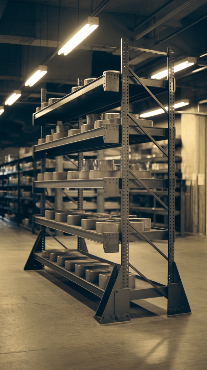 Unleash your inner industrial chic with this vintage steel shelving unit, a testament to rugged beauty and functional design. Its heavy-duty construction and warehouse setting create a dramatic backdrop for your curated collection, while the bright lighting showcases every detail, from the aged patina to the perfectly organized contents. This isn't just storage; it's a statement piece.