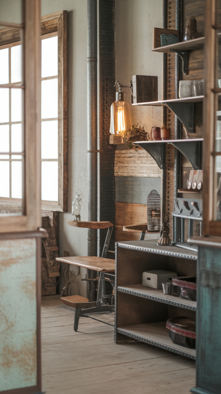 Ready to fall in love with rustic charm? This farmhouse loft masterfully blends reclaimed wood and aged metal, creating a space that's both lived-in and utterly captivating. Distressed finishes add character to every piece, from the antique lamp casting a warm glow to the rustic shelf brimming with personality. The wood floors and blurred window add depth, hinting at a story waiting to be unfolded.