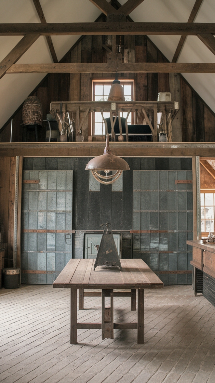 Reclaimed wood walls, exposed beams, and antique brick floors create a breathtaking rustic-industrial haven. A vintage metal lamp casts a warm glow on the distressed wooden table, setting the stage for unforgettable gatherings in this character-filled farmhouse.
