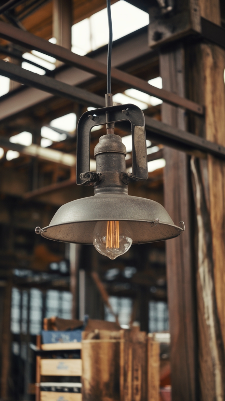 A symphony of textures and light. A vintage industrial lamp, a masterpiece of aged metal and exposed filament, hangs dramatically in a space defined by reclaimed wood and the raw beauty of a converted warehouse. The perfect statement piece for a boldly designed interior.