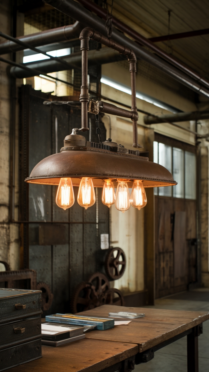 Raw, reclaimed, and utterly captivating. This industrial haven showcases a stunning steampunk lamp as its centerpiece, illuminating a scene of exposed metalwork, vintage textures, and a touch of lived-in history. Prepare to be mesmerized by the perfect marriage of function and artistry.