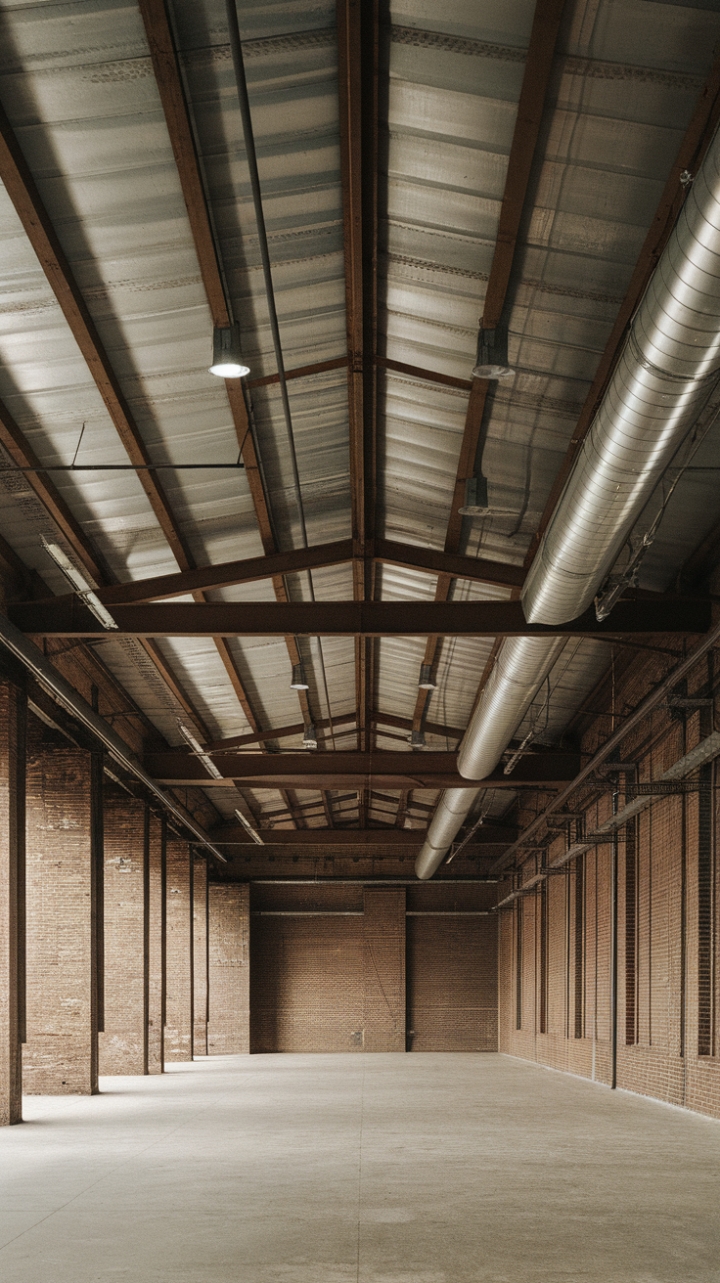Ready to unleash your inner urbanite? This raw, industrial space boasts a breathtaking ceiling—a symphony of exposed beams, vintage metalwork, and ductwork that whispers tales of a bygone era. The concrete floor and brick walls complete the look, creating a haven of gritty chic. Bright lighting accentuates every detail, making this loft a masterpiece of industrial design.
