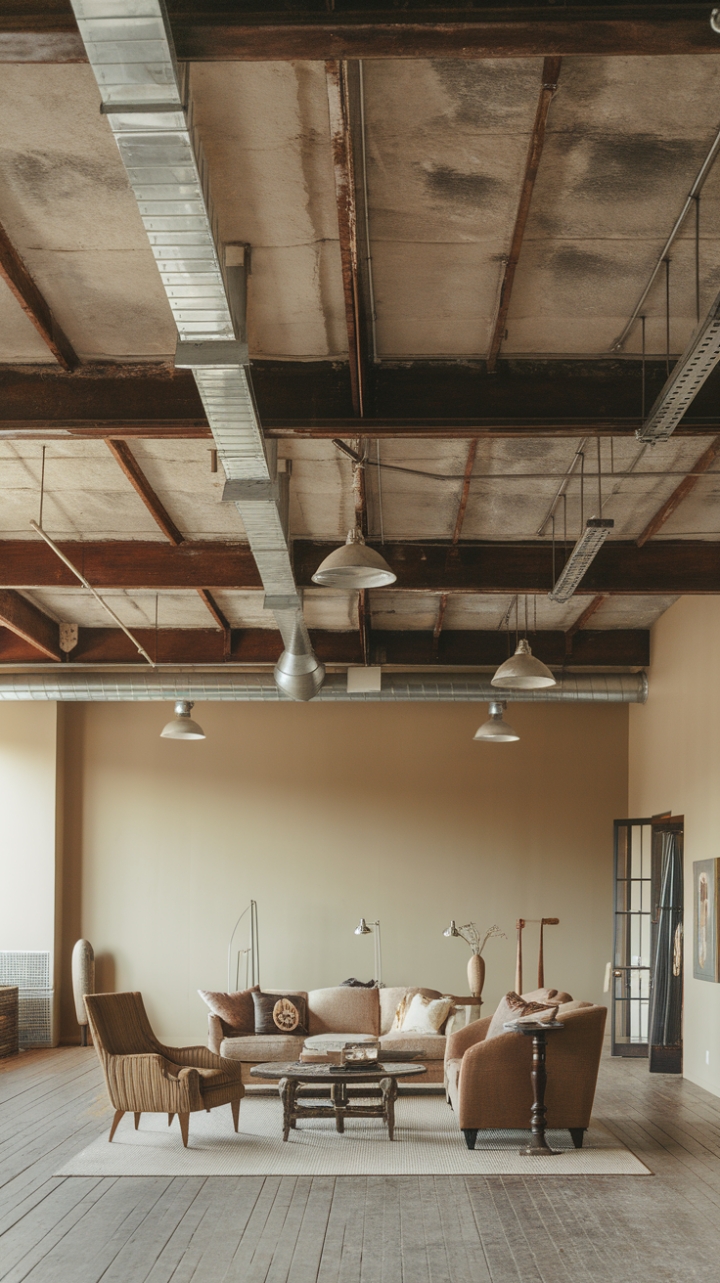Ready to embrace industrial chic? Raw concrete ceilings, exposed beams, and vintage lighting fixtures create a captivating contrast with warm wooden floors and a neutral beige palette, showcasing the perfect blend of urban grit and refined comfort. This loft's unique character is further enhanced by thoughtfully placed furniture, promising a space both stylish and inviting.