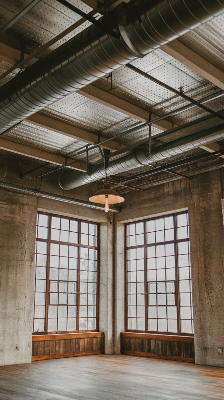 Ready to fall for raw, industrial chic? Exposed beams, a vintage pendant light, and concrete walls create a captivating contrast with warm wood floors and expansive windows, painting a picture of urban sophistication.