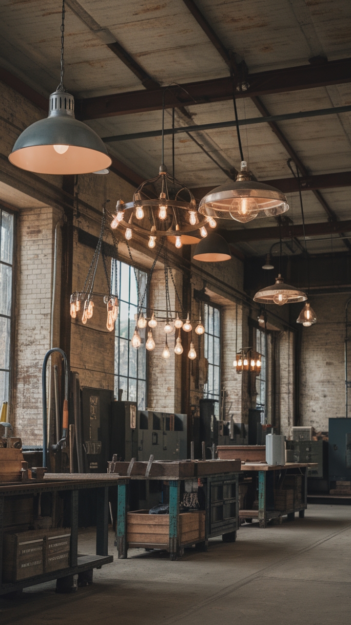 Raw, rustic, and undeniably chic. This vintage factory space, brimming with character, showcases a stunning array of industrial lighting—from sleek pendants to dramatic chandeliers—casting a warm glow over a workbench steeped in history. The exposed brick, weathered concrete, and the patina of time itself create an ambiance of unparalleled authenticity.
