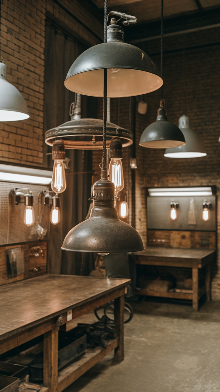 Ready to unleash your inner urban artist? This vintage industrial haven, bathed in the warm glow of multiple metal pendant lights and a striking industrial chandelier, is a masterclass in raw, refined style. Exposed brick, a cool concrete floor, and a sturdy wooden workbench create the perfect backdrop for this captivating blend of textures and light. The strategic placement of task lighting adds functional brilliance to this already stunning space.