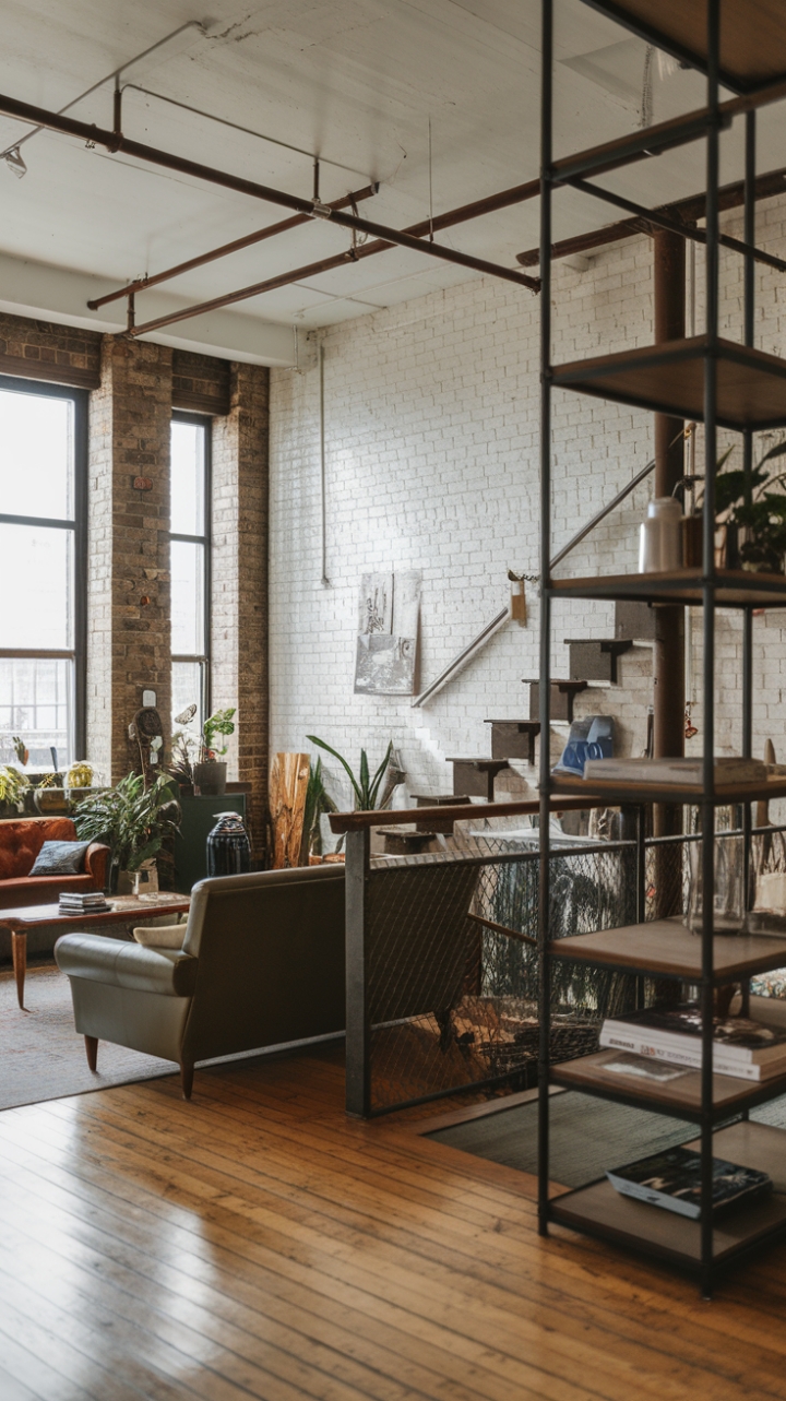 Raw urban grit meets refined minimalism in this breathtaking industrial loft. Exposed brick, metal accents, and a vintage sofa create a captivating blend of textures and styles, while strategically placed greenery softens the space's raw aesthetic. The high ceilings and natural wood flooring amplify the sense of airy spaciousness.