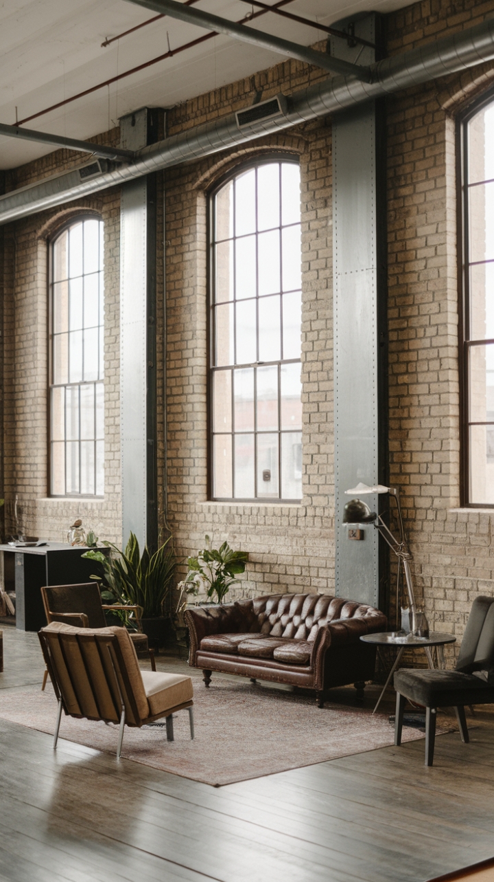 High ceilings and exposed brick walls set the stage for a captivating industrial haven. A curated collection of vintage furniture and minimalist accents breathe life into this raw, urban space, bathed in natural light and brimming with character.