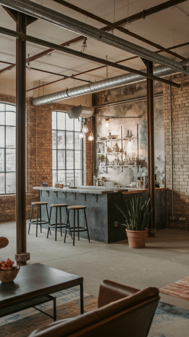This industrial-chic loft is a masterclass in understated cool. Exposed brick walls and metal fixtures provide a rugged backdrop for a sleek, reclaimed wood bar and minimalist décor. A touch of greenery softens the industrial aesthetic, creating a space that's both stylish and surprisingly warm.
