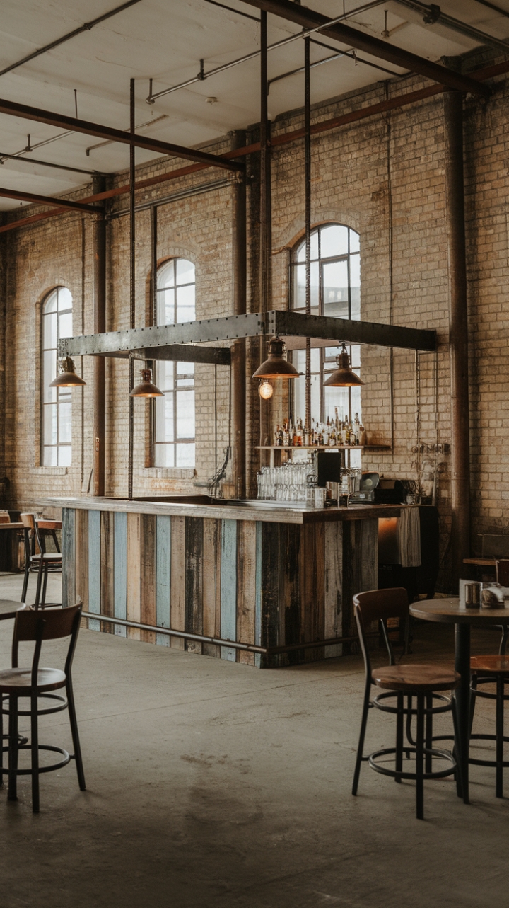 Ready to transform your space into a haven of raw, urban chic? This reclaimed wood bar, set against a backdrop of exposed brick and punctuated by vintage lighting and minimalist metal fixtures, is the perfect centerpiece for a loft-style haven. The concrete floor adds to the industrial aesthetic, creating a space that's both stylish and inviting.