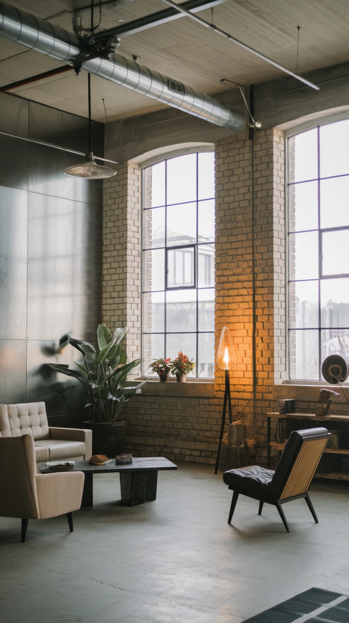 Raw urban grit meets refined minimalism in this breathtaking loft. Exposed brick, concrete floors, and industrial lighting create a dramatic backdrop for carefully curated furniture and pops of greenery, resulting in a space that's both edgy and inviting.