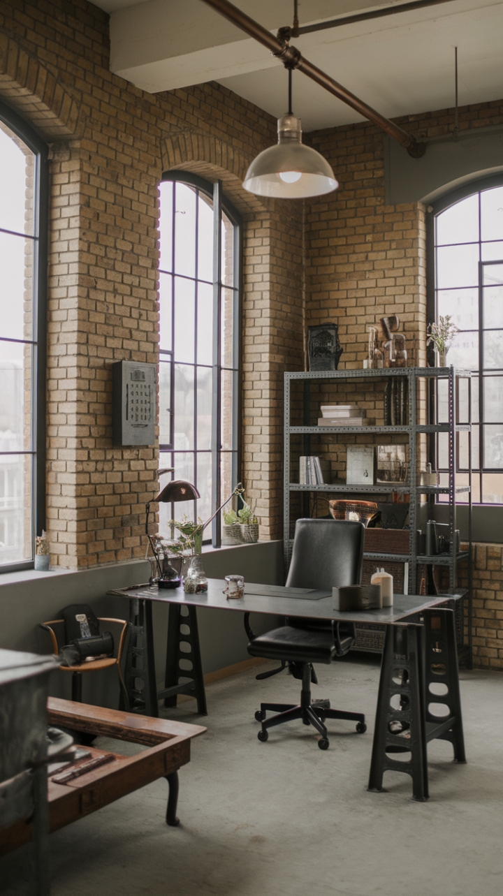 Craving a workspace that's as inspiring as it is functional? This industrial haven boasts a raw, exposed-brick aesthetic softened by a minimalist approach. Vintage industrial accents, from the lighting to the shelving, add character without sacrificing clean lines. It's the perfect blend of edgy and sophisticated—a sanctuary for creativity.