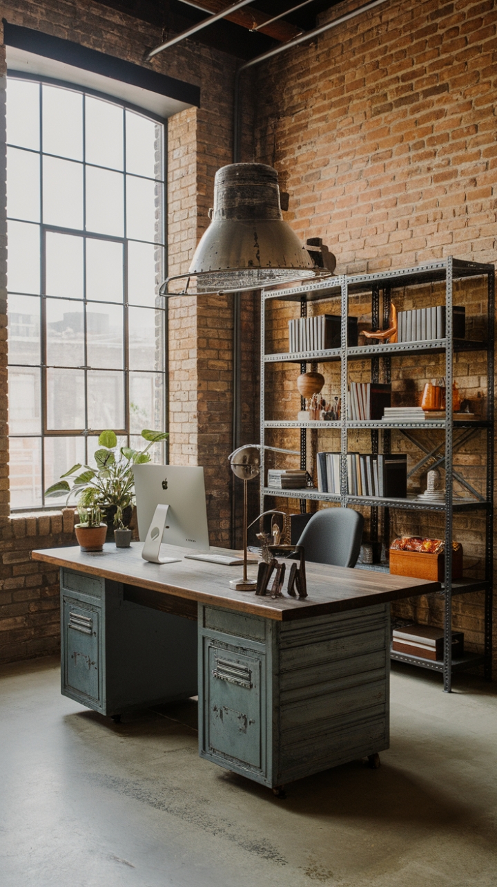 Raw industrial charm meets modern functionality in this breathtaking loft office. High ceilings and exposed brick walls create a dramatic backdrop for a large wooden desk, perfectly complemented by a vintage industrial lamp and a sleek metal bookshelf. The perfect blend of rustic and refined, this space is an inspiring haven for productivity.