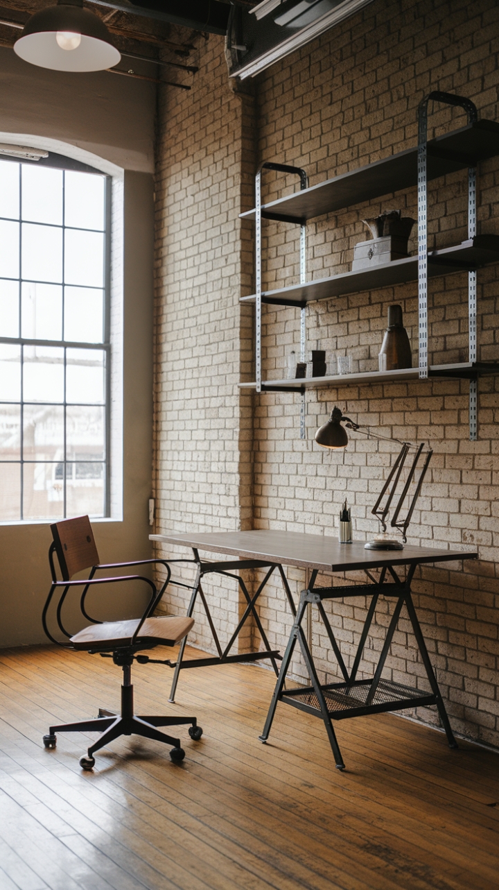 Raw industrial charm meets modern sophistication in this sunlit workspace. A vintage metal desk anchors the exposed brick wall, while sleek metal shelving and a wooden chair add warmth and functionality to this inspiring loft office. The perfect blend of form and function for the modern creative.