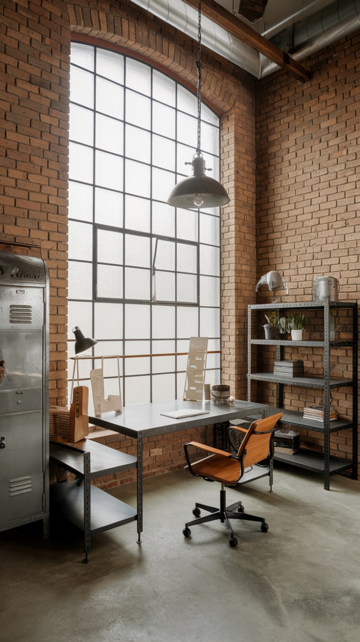 Unveiling urban chic: This loft office redefines minimalist industrial style. Exposed brick, a concrete floor, and steel accents create a raw, yet refined workspace bathed in natural light. The perfect blend of form and function.