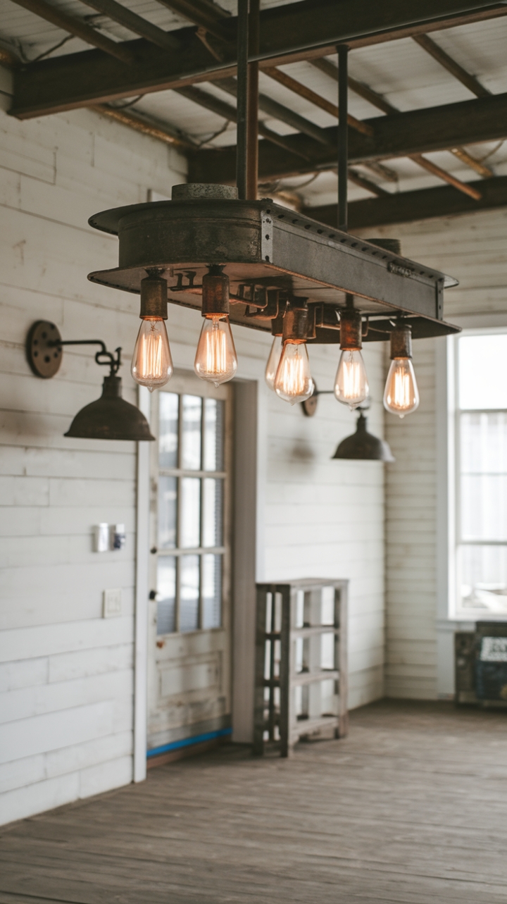 Raw industrial elements meet farmhouse coziness in this captivating space. A striking vintage light fixture takes center stage, its aged metal a perfect complement to the rustic wood floors and subtly distressed wall sconces. The perfect blend of old-world charm and modern grit.