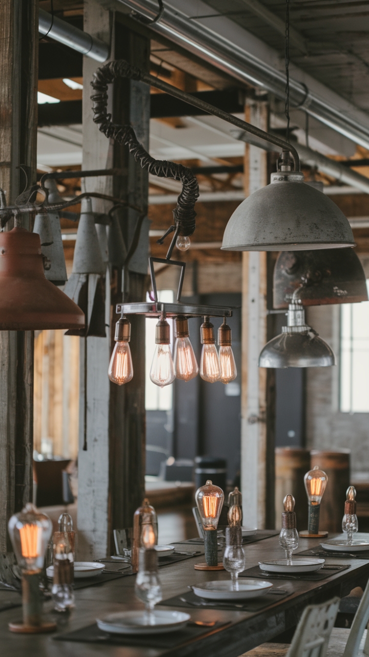 Reclaimed charm meets industrial edge in this rustic dining haven. Vintage pendants cast a warm glow over an antique table, styled with unique industrial bulbs, while distressed metal sconces add a touch of gritty elegance against the exposed brick backdrop. The perfect blend of raw textures and vintage finds creates a space that's both inviting and undeniably cool.