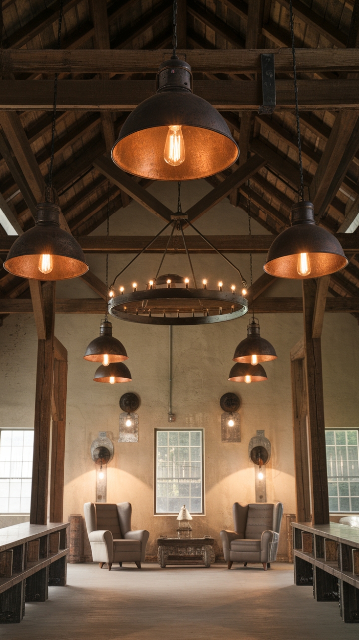 Ready to fall in love with rustic-industrial charm? Imagine cozy evenings gathered around a reclaimed wood table, bathed in the warm glow of antique industrial pendant lights and a magnificent farmhouse chandelier. Exposed beams and distressed metal sconces add character to soaring ceilings, creating an ambiance that's both inviting and utterly captivating.