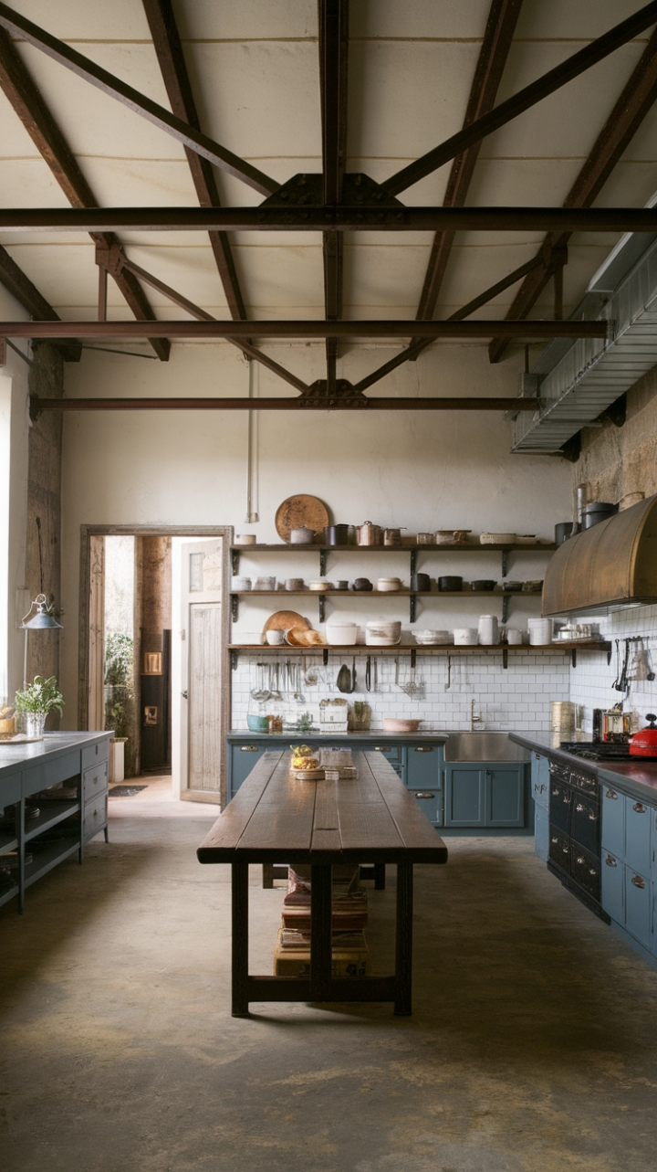 Ready to fall in love with the perfect blend of rustic charm and industrial edge? This open-concept kitchen boasts soaring exposed beams, a long, inviting wooden table perfect for gatherings, and vintage-inspired accents that whisper stories of generations past. The concrete floors and thoughtfully arranged shelving add to the space's unique character, creating a kitchen that's as functional as it is breathtaking.