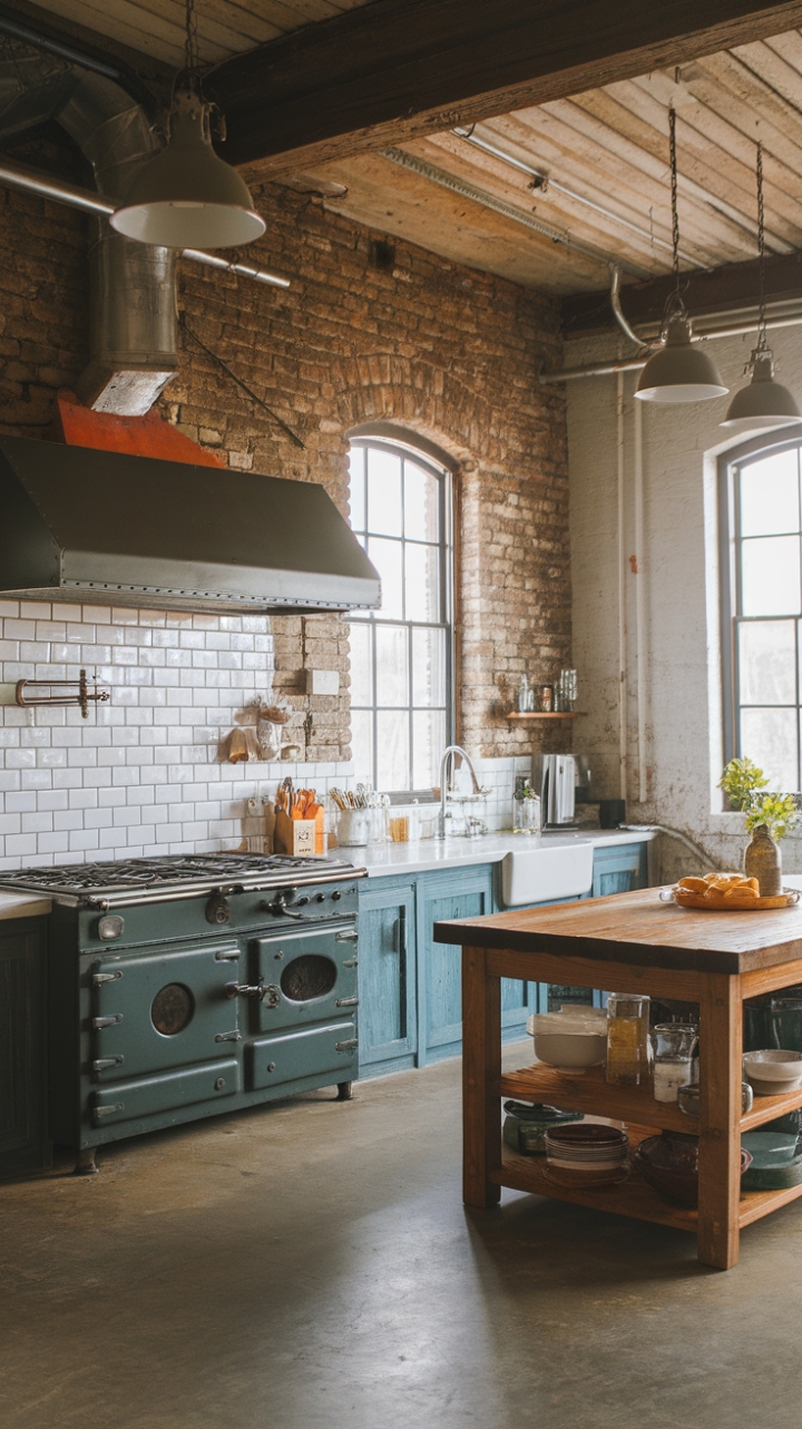 Exposed brick whispers stories of the past, while a reclaimed wood island and vintage industrial range promise culinary adventures to come. This open-concept kitchen is a masterclass in blending contrasting textures and styles, resulting in a space that's both strikingly beautiful and undeniably functional. The concrete floors and industrial lighting complete the look, creating a haven of rustic-industrial charm.