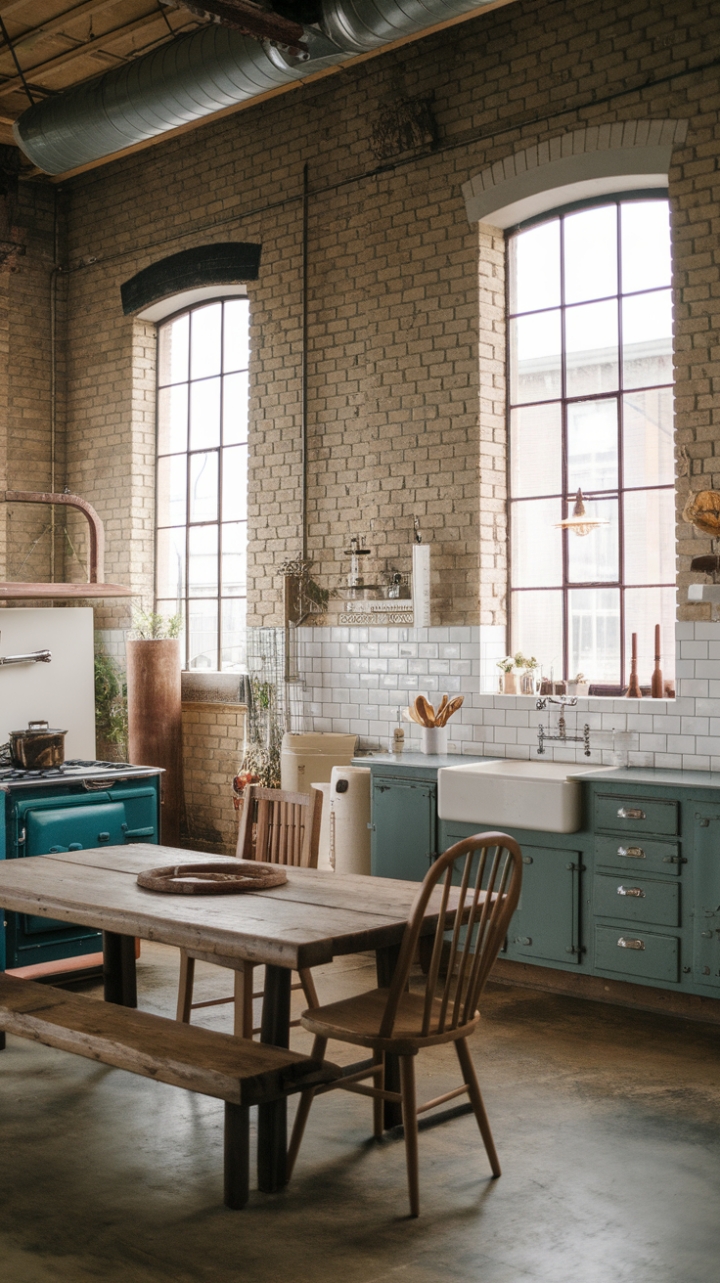 Ready to fall in love with a kitchen that seamlessly blends rustic charm and industrial edge? Exposed brick walls whisper stories of the past, while a vintage stove and sleek concrete floors add a touch of modern grit. The high ceilings and open layout create an airy feel, perfectly complemented by the warm glow of a vintage pendant light above a rustic farmhouse table. This is more than just a kitchen; it's a gathering place, a heart of the home, brimming with character and inviting warmth.