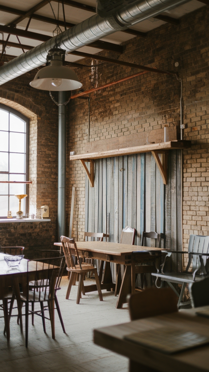 Ready to fall in love with rustic charm? This industrial farmhouse dining space boasts vintage wooden furniture, a reclaimed wood shelf, and exposed brick walls, all bathed in the warm glow of an industrial pendant light. The barn-inspired design creates a vintage industrial aesthetic that's both inviting and utterly captivating.