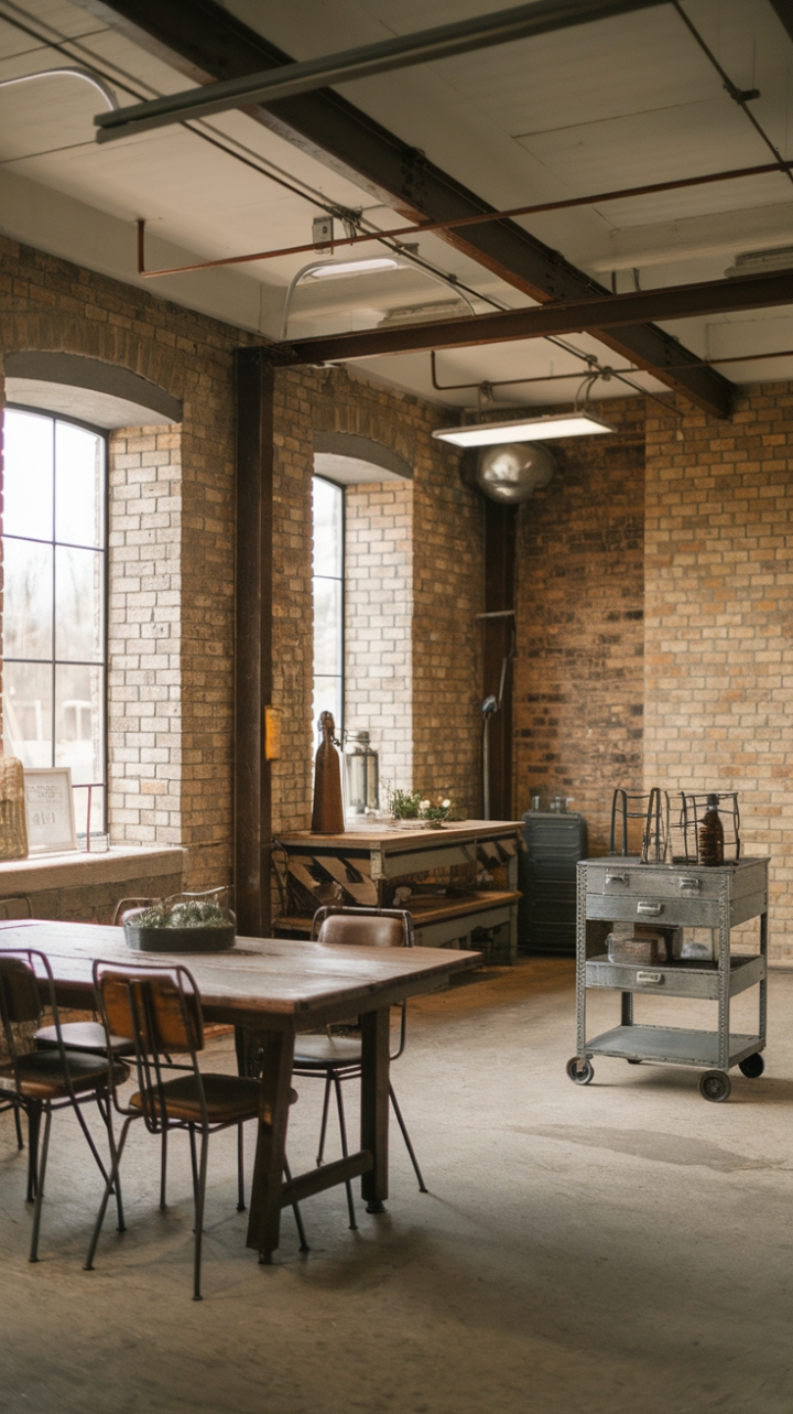 Rustic charm meets industrial edge in this breathtaking farmhouse. Reclaimed wood, exposed brick, and vintage finds create a space that's both lived-in and luxurious. The concrete floors and barn-inspired beams add a touch of raw authenticity, while the metal cart and industrial lighting provide a cool, contemporary contrast. This is where comfort and style collide.