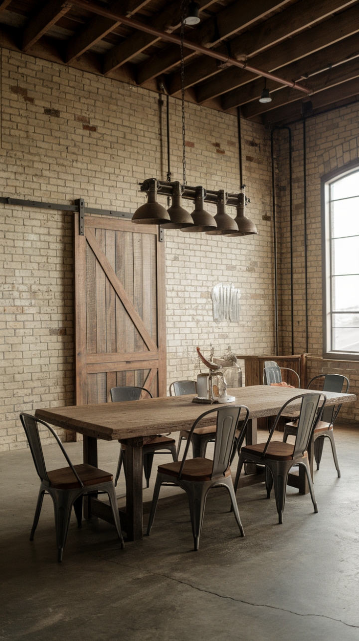 Ready to fall in love with rustic-industrial charm? A reclaimed wood dining table anchors this space, its vintage industrial chairs gathered around like old friends. Exposed brick and a barn door backdrop add character, while a vintage industrial light fixture casts a warm glow over the concrete floor. The perfect blend of raw and refined.