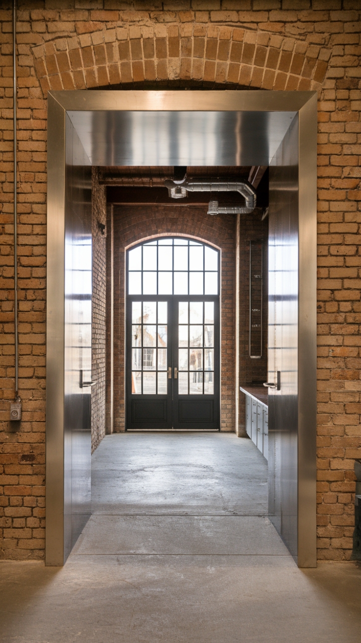 Imagine arriving home to this: a dramatic industrial entryway where exposed brick whispers stories of the past, while sleek metallic details and a cool concrete floor create a modern masterpiece. The grand door ahead beckons you to explore the captivating spaces within.