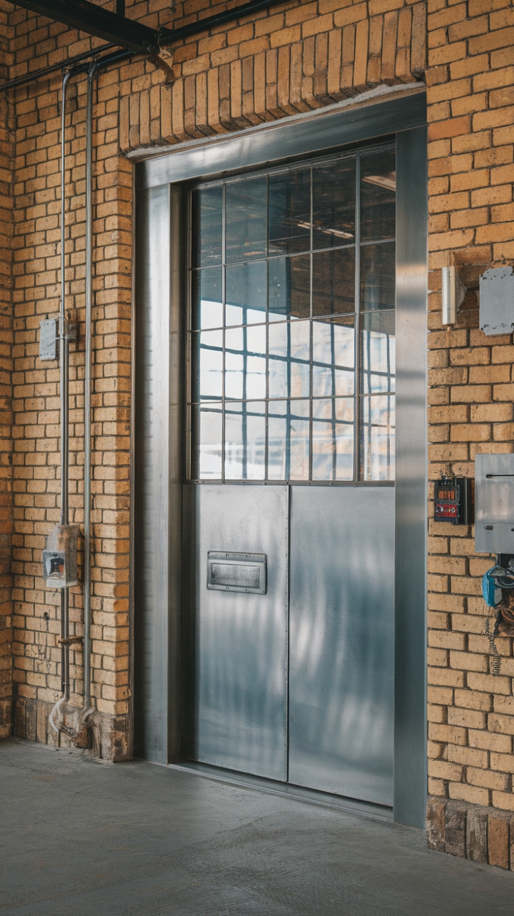 Love the look of reclaimed materials and bold design? This industrial-chic entryway is pure inspiration. The metallic door and window are stunning against the backdrop of exposed brick, while the concrete floor adds a touch of rugged sophistication. A perfect blend of factory-fresh and flawlessly styled, it's a space that's both beautiful and brimming with character.