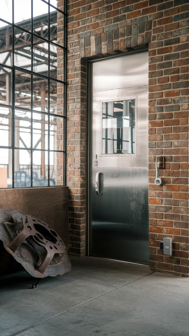 Raw urban grit meets refined industrial chic in this breathtaking entryway. Exposed brick, a metallic door, and a striking rusty metal accent piece create a dramatic focal point, while the glimpse of the expansive factory backdrop hints at a home brimming with unexpected character and bold design choices. The concrete floor grounds the space, adding to its authentic, lived-in feel.