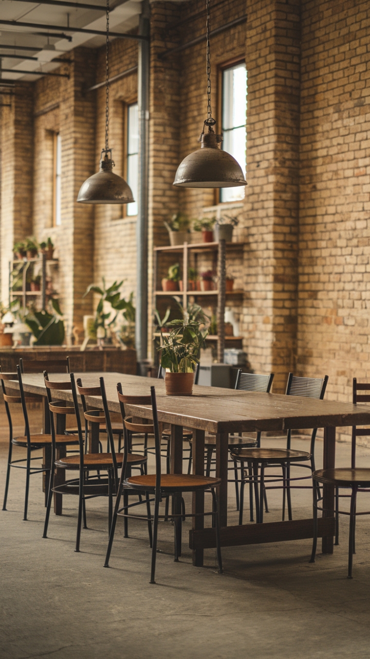 Imagine cozy evenings spent around this rustic industrial dining table, the exposed brick walls adding character and warmth to the space. Vintage chairs surround a long wooden table, bathed in the soft light of hanging metal pendants. The concrete floor adds a touch of urban cool, while potted plants on nearby shelves bring a touch of nature indoors. This is more than just a dining area; it's a haven of relaxed sophistication.