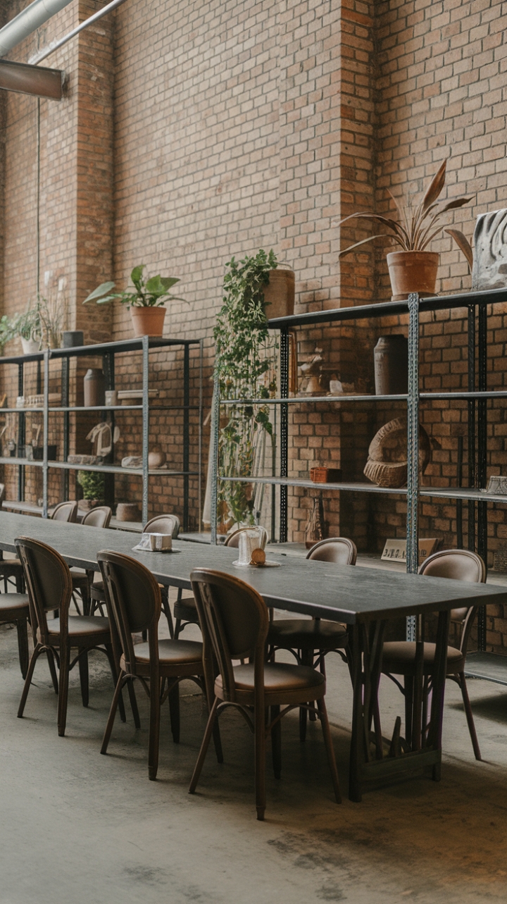 A symphony of textures and tones defines this vintage industrial dining room. The aged brick walls provide a dramatic backdrop to a sturdy, reclaimed wood table, surrounded by a collection of character-filled chairs. High ceilings amplify the sense of spaciousness, while carefully chosen metal shelving and potted plants inject a touch of organic warmth into the otherwise stark, concrete-floored space. The overall effect is both strikingly modern and undeniably inviting.