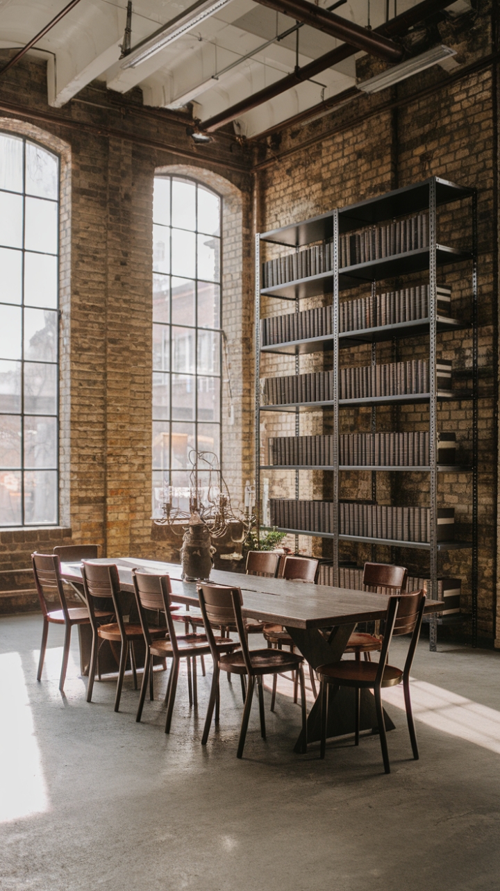 Imagine lingering over candlelit dinners in this captivating loft. Exposed brick walls meet the warmth of a reclaimed wood table, surrounded by mismatched vintage chairs that tell their own unique tales. A metal bookshelf, a testament to the beauty of functional design, adds a touch of industrial edge to this beautifully lived-in space, bathed in the soft glow of natural light.