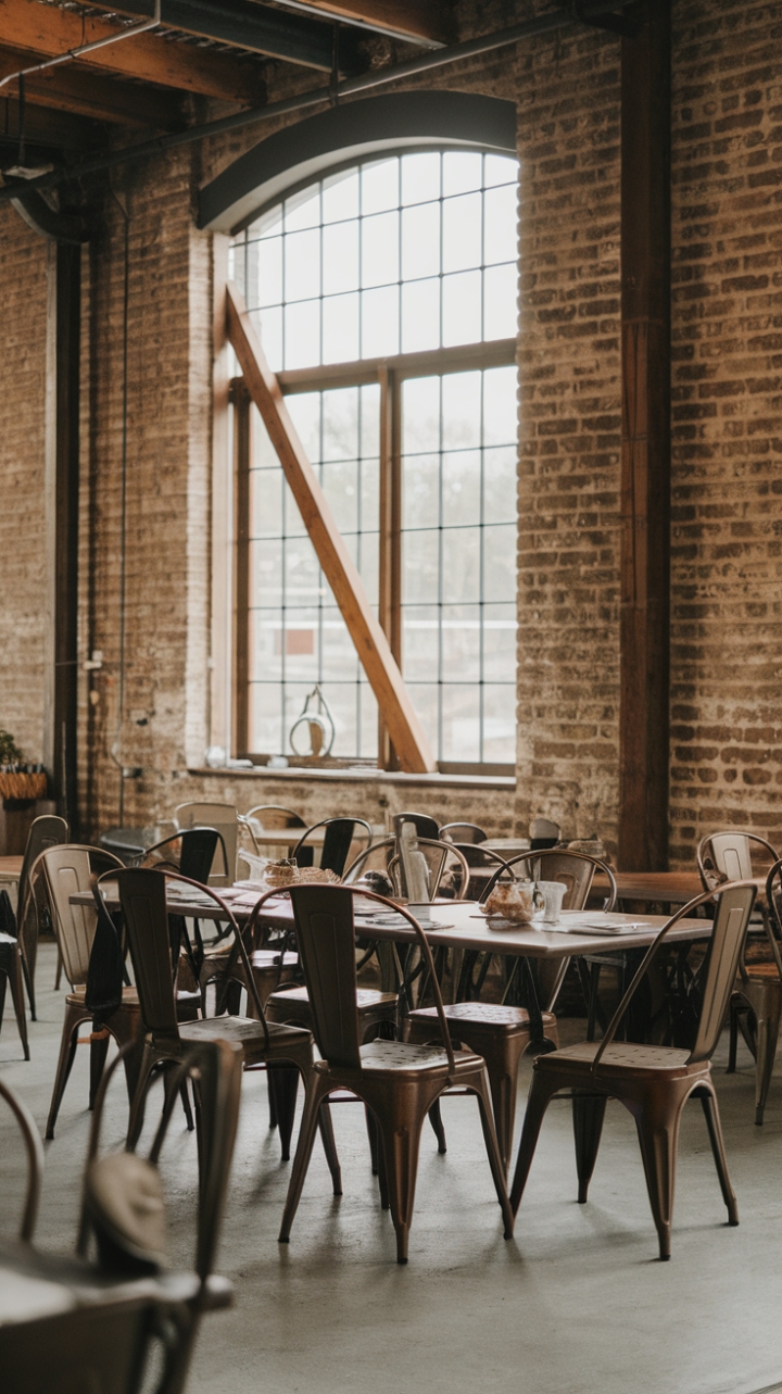 Raw industrial charm meets rustic elegance in this breathtaking loft dining room. Vintage metal chairs surround a warehouse-style table, their aged patina a testament to time and style. High ceilings and exposed brick walls create a dramatic backdrop, while a generous window, accented by warm wooden beams, infuses the space with inviting warmth.