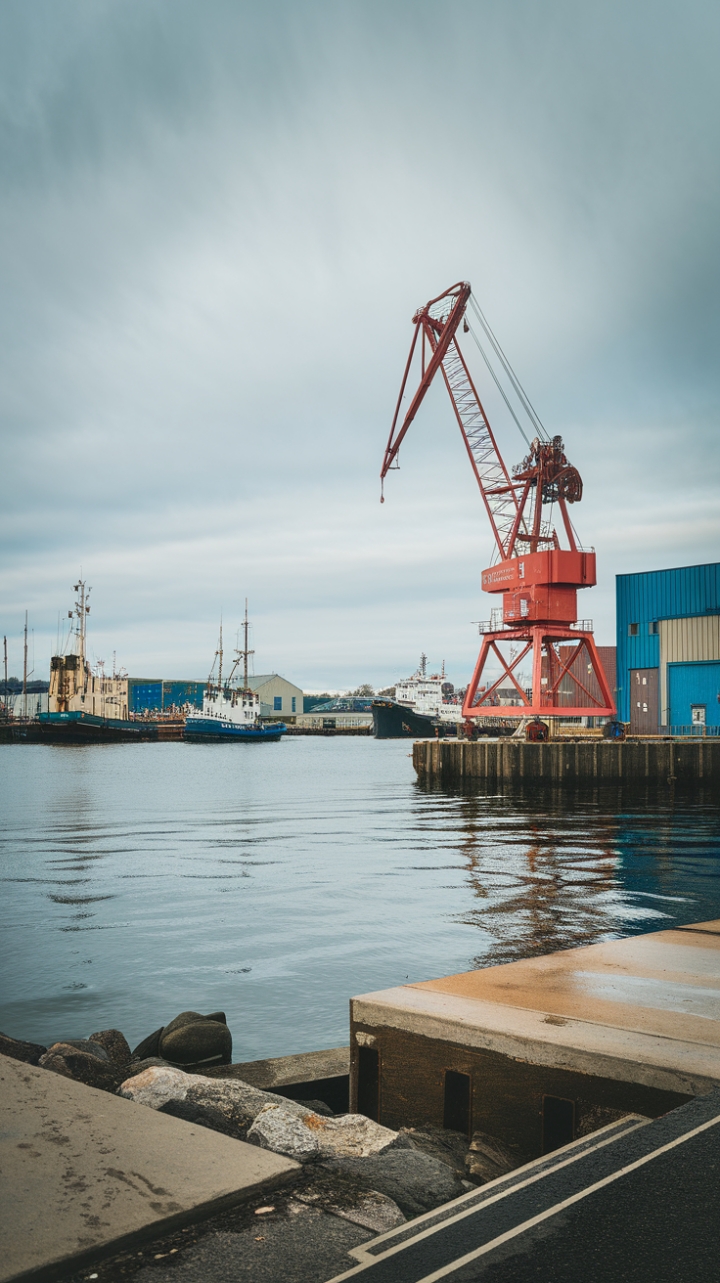 Raw, rugged beauty meets refined coastal charm. A giant red crane, a sentinel over the harbor, anchors this dramatic scene, where industrial grit blends seamlessly with the tranquil rhythm of the sea. The muted sky and calm waters mirror the sophisticated simplicity of this inspiring space.