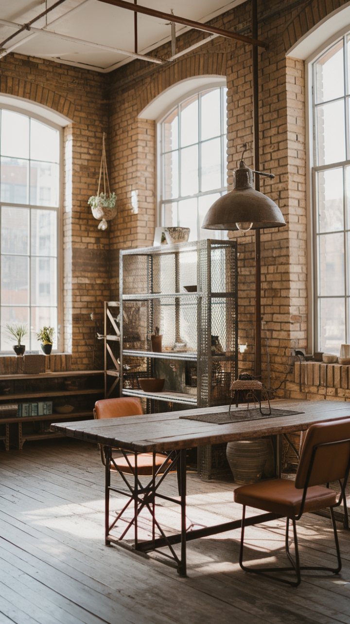 Raw industrial elements meet bohemian charm in this high-ceilinged sanctuary. A rustic wooden table anchors the space, while a vintage lamp and eclectic accents add personality and warmth. The interplay of metal and wood creates a captivating visual rhythm, showcasing the beauty of imperfection.