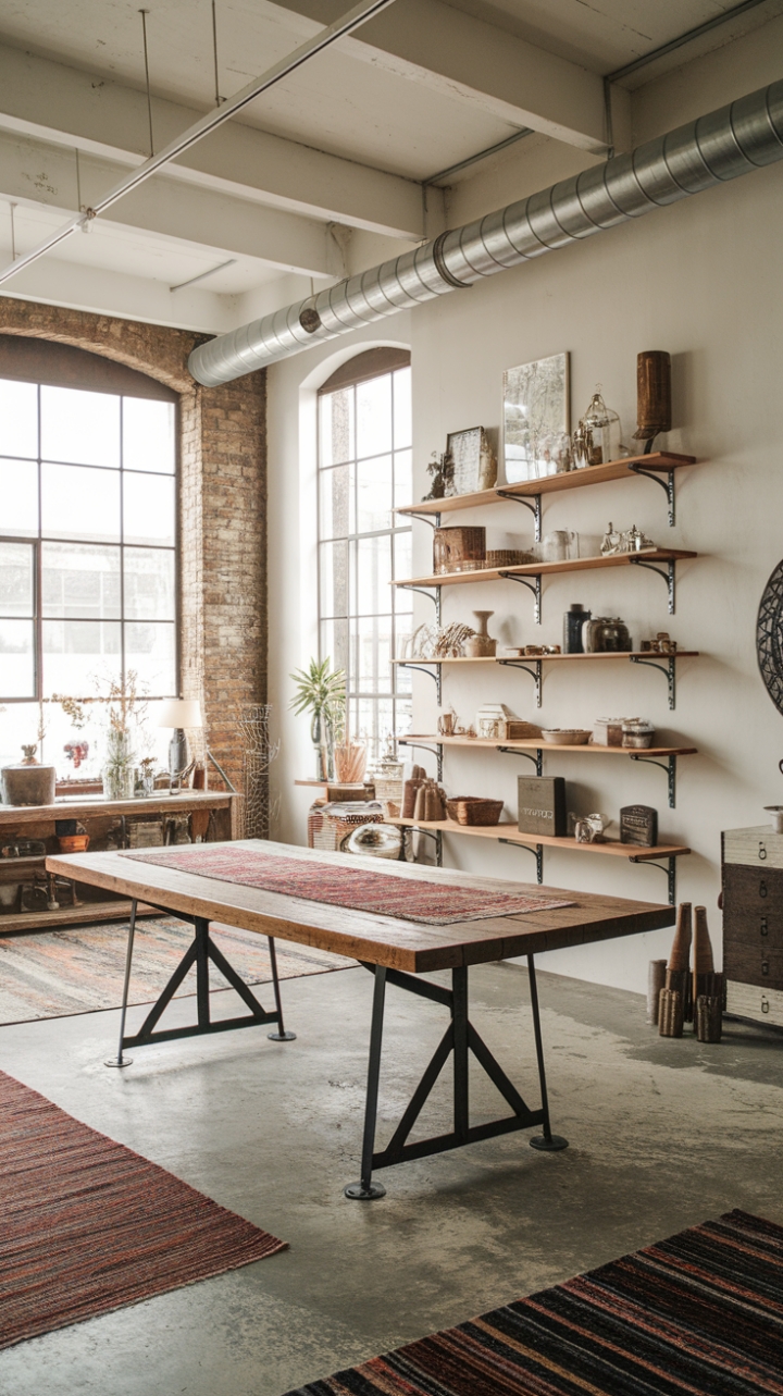 Ready to infuse your space with raw, rustic charm? This boho-industrial haven boasts soaring ceilings, sun-drenched allure, and a captivating blend of vintage finds and modern accents. Exposed brick whispers tales of the past, while a weathered wooden table, grounded by striking metal legs, anchors the scene. Layered rugs define cozy zones, and eclectic shelves overflow with curated treasures, creating a space that's both lived-in and utterly inspiring.