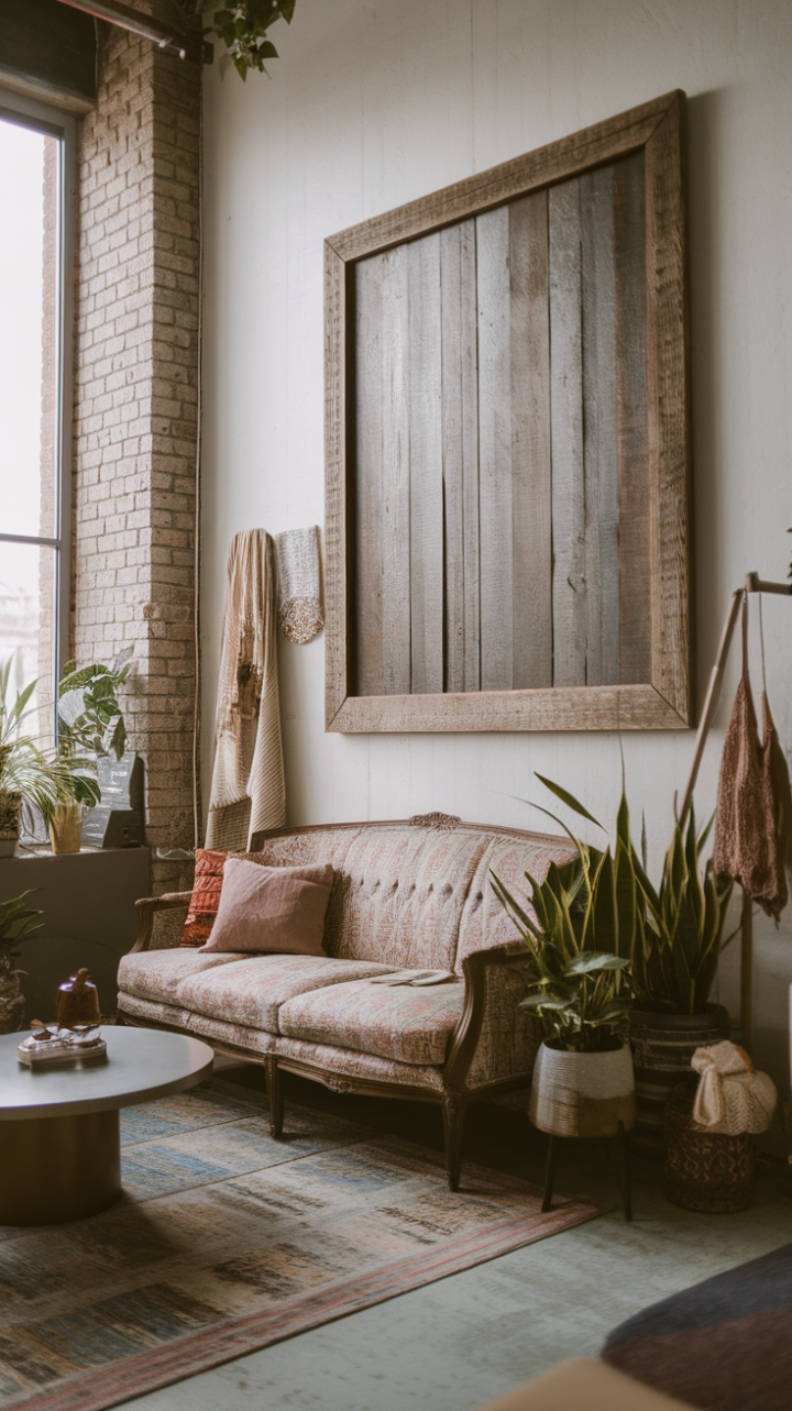 Ready to infuse your living space with a captivating blend of raw and refined? This boho-industrial haven boasts exposed brick, soaring ceilings, and a vintage sofa that whispers tales of bygone eras, perfectly complemented by a sleek modern coffee table. The eclectic mix of textures, from rustic wood to plush textiles, creates a space that's both inviting and utterly unique.