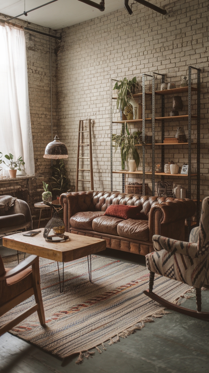 Craving a space that's both lived-in and luxuriously stylish? This boho-industrial living room is your answer. A symphony of textures—from the plush rug underfoot to the aged wood of the coffee table—creates a captivating atmosphere. Vintage finds mingle effortlessly with modern accents, while exposed brick and a metal shelf inject an urban edge. The result? A space that's undeniably chic, yet brimming with personality.