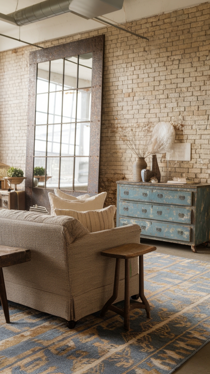 Raw industrial textures and vintage finds collide in this breathtaking living room. A worn-yet-wonderful sofa takes center stage, its comfort enhanced by plush throw pillows. A vintage dresser, repurposed as a media console, adds rustic charm, while exposed brick and a statement mirror lend an edgy touch. The patterned rug ties the space together with a burst of color and pattern.