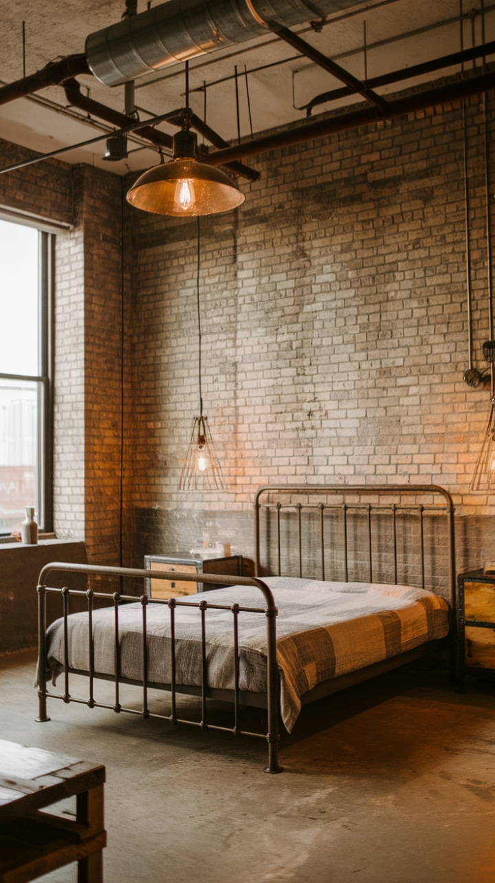 Ready to rediscover urban chic? This industrial-style loft bedroom, bathed in warm light, boasts exposed brick, a distressed metal bed, and vintage lighting, creating a space that's both raw and refined. The minimalist decor and raw material flooring complete the look.