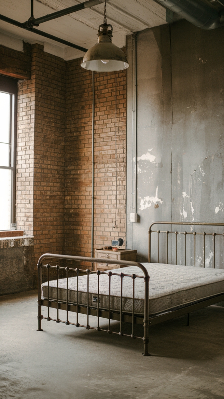 Imagine waking up in this loft-style haven. The interplay of metal and brick, the soft glow of vintage lighting, and the minimalist aesthetic combine to create a bedroom that's as captivating as it is comfortable. The distressed finishes and concrete floor ground the space, adding a touch of urban grit to the sophisticated design.