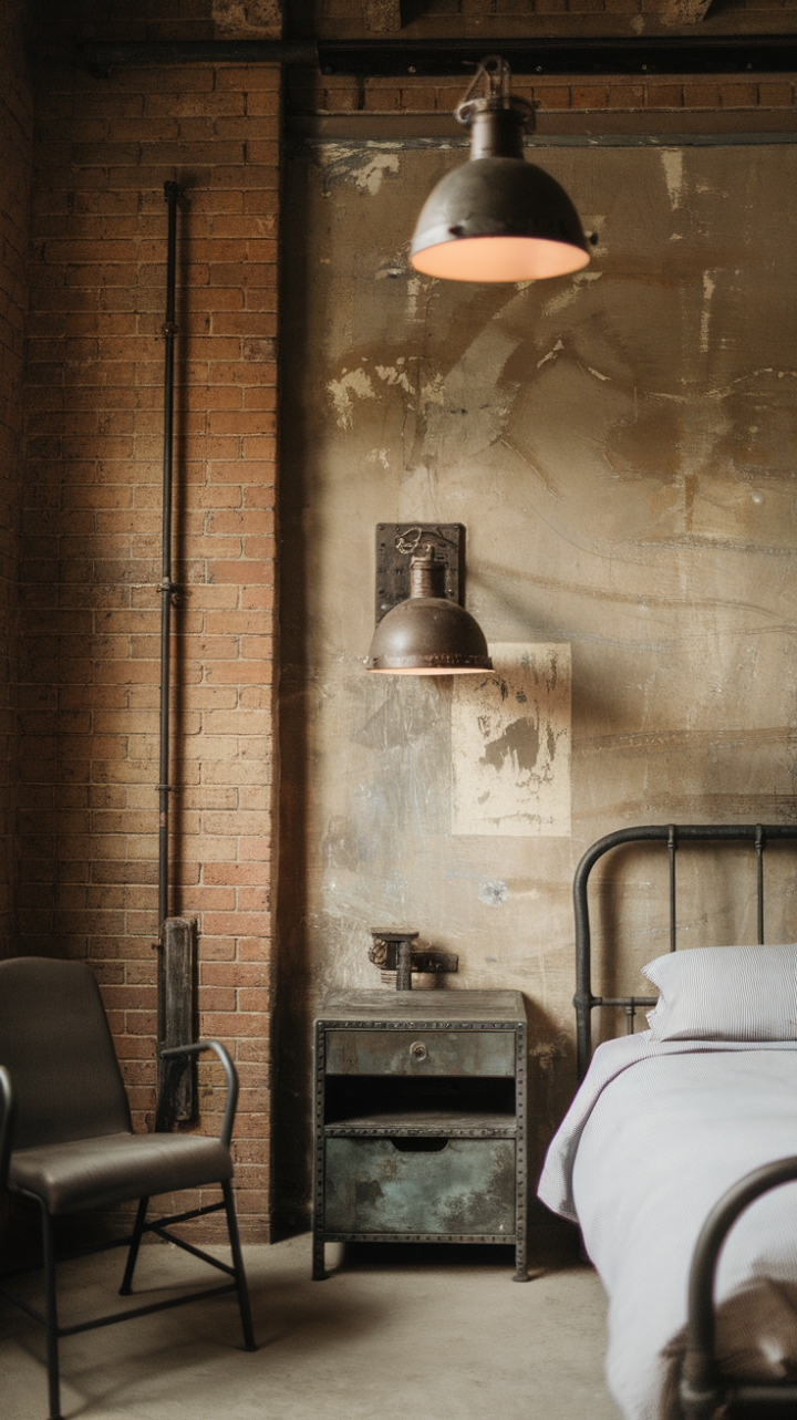 Raw, refined, and undeniably cool. This industrial bedroom's exposed brick, vintage lighting, and distressed metal furniture create a space that's both lived-in and luxurious. The minimalist aesthetic keeps the focus on the rich textures and unique character of each piece.
