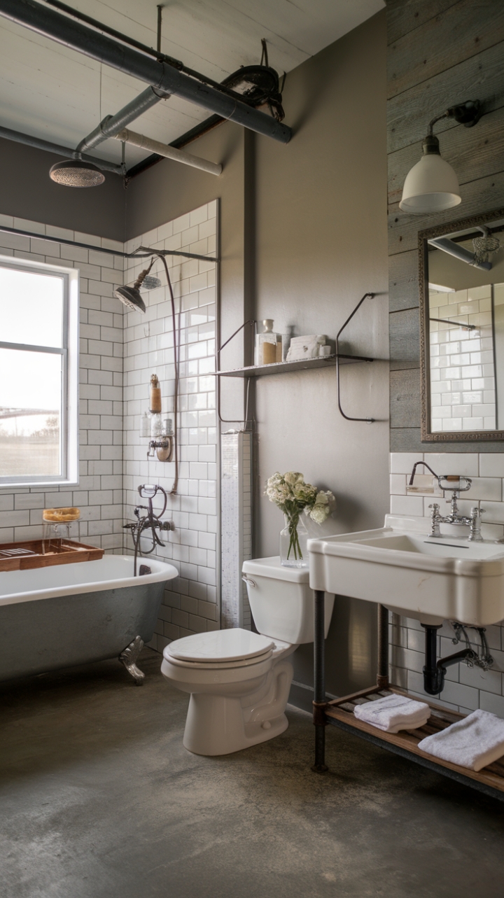 Rustic charm meets industrial edge in this breathtaking bathroom. Reclaimed wood walls, a vintage freestanding tub, and exposed pipes create a space that's both cozy and captivating. The neutral palette of grey, white, and wood enhances the vintage aesthetic, while the concrete floor adds a touch of raw, industrial coolness.