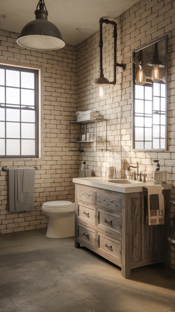 Imagine yourself unwinding in this charming industrial farmhouse bathroom. The blend of reclaimed wood, exposed brick, and vintage details creates a space that's both stylish and inviting. Neutral tones and industrial lighting maintain a sense of calm, while the concrete floor adds a touch of unexpected texture. A perfect blend of rustic charm and modern convenience.